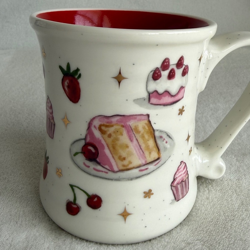 Luna & Sage Dessert Coffee Mug Cup Red Interior Cupcake Strawberries Cherries